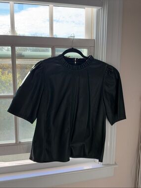 Ann Taylor Black Faux Leather Short Sleeve Blouse with Ruching
